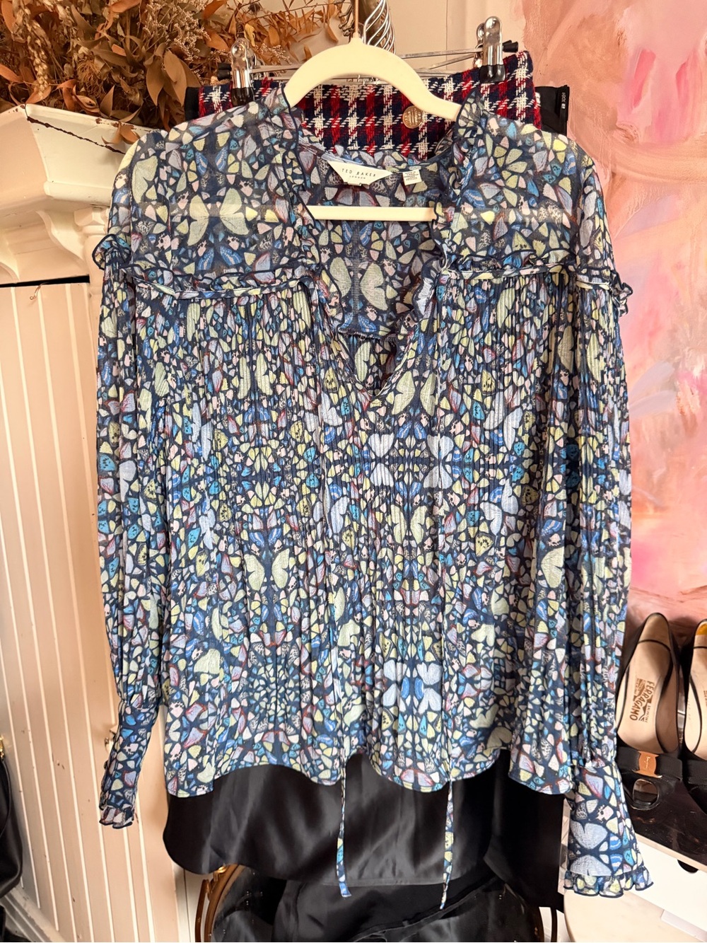 Ted Baker Blue Floral Pleated Ruffle Blouse